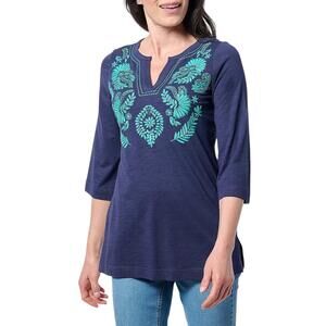 Bellisima by Kim Gravel Women's SlubKnit Artisan Embroidered Top Navy - Petite